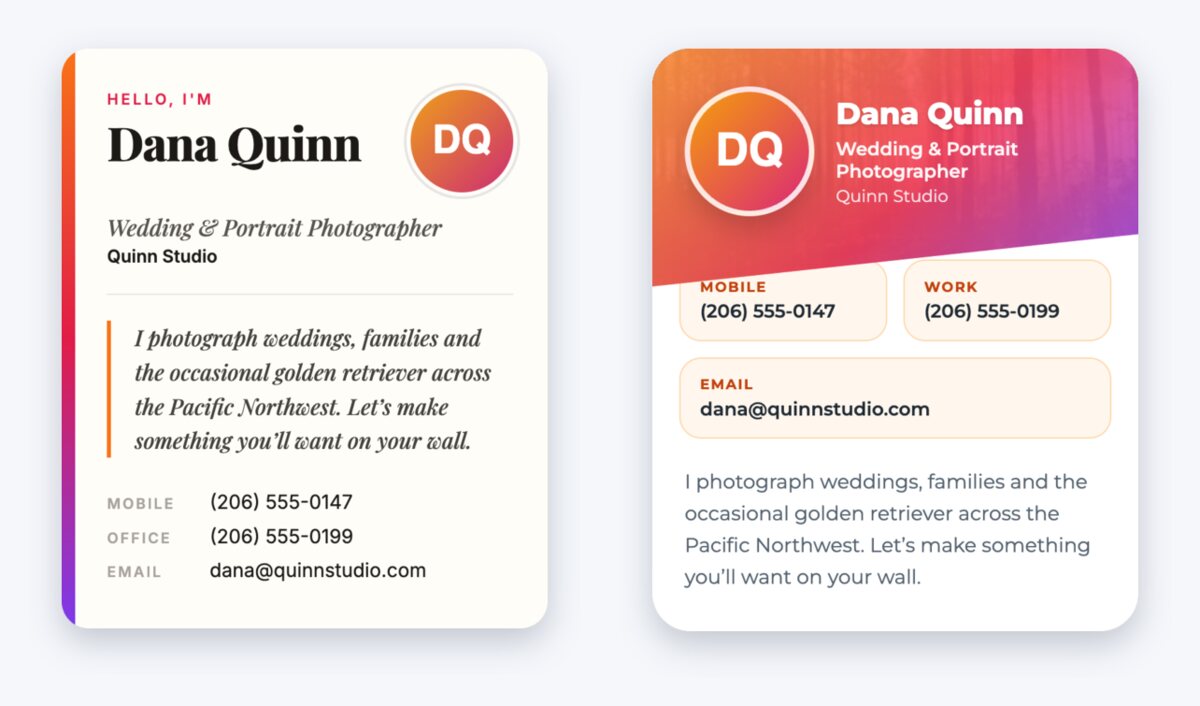 The Editorial and Sunset Split card designs