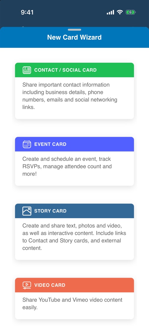 The New Card Wizard with Contact, Event, Story and Video card options