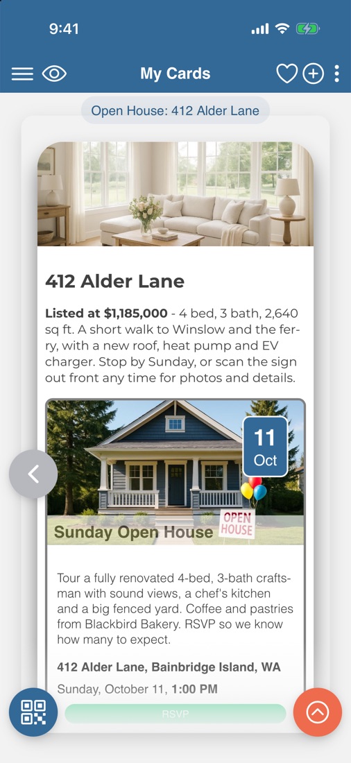 The finished open house card with a listing description and event details