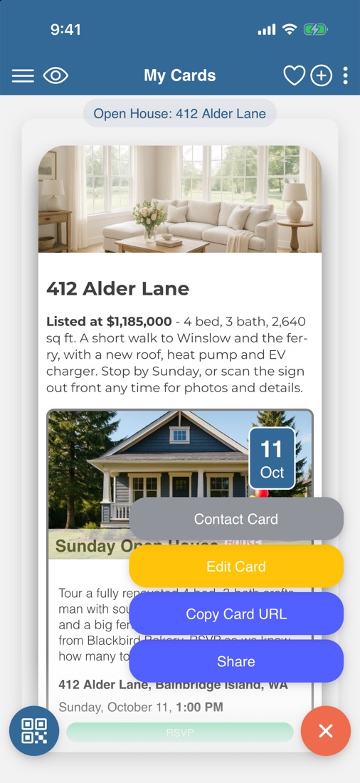 The share menu with Copy Card URL and Share options