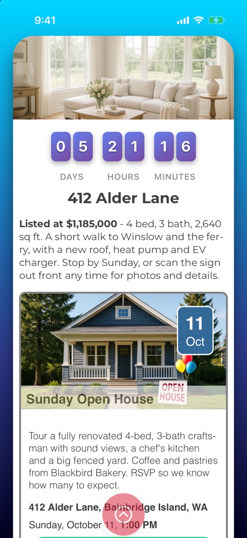 The event card as a guest sees it, with a live countdown